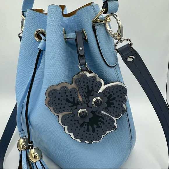 Henri Bendel Thompson Bucket Bag Periwinkle Blue Leather Shoulder Strap Charm